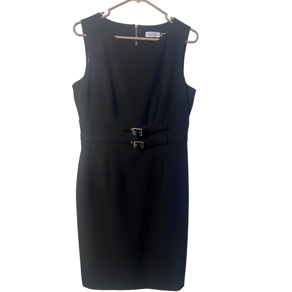 Calvin Klein Sheath Dress Women 10 Black Buckle Waist Zip